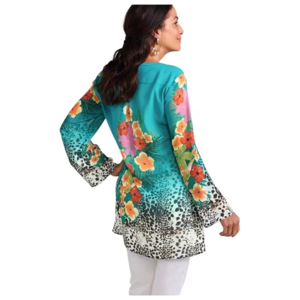 Soft Surroundings Large long Rolltab Sleeve 1/4 Button Down Floral Tunic - Picture 3 of 7